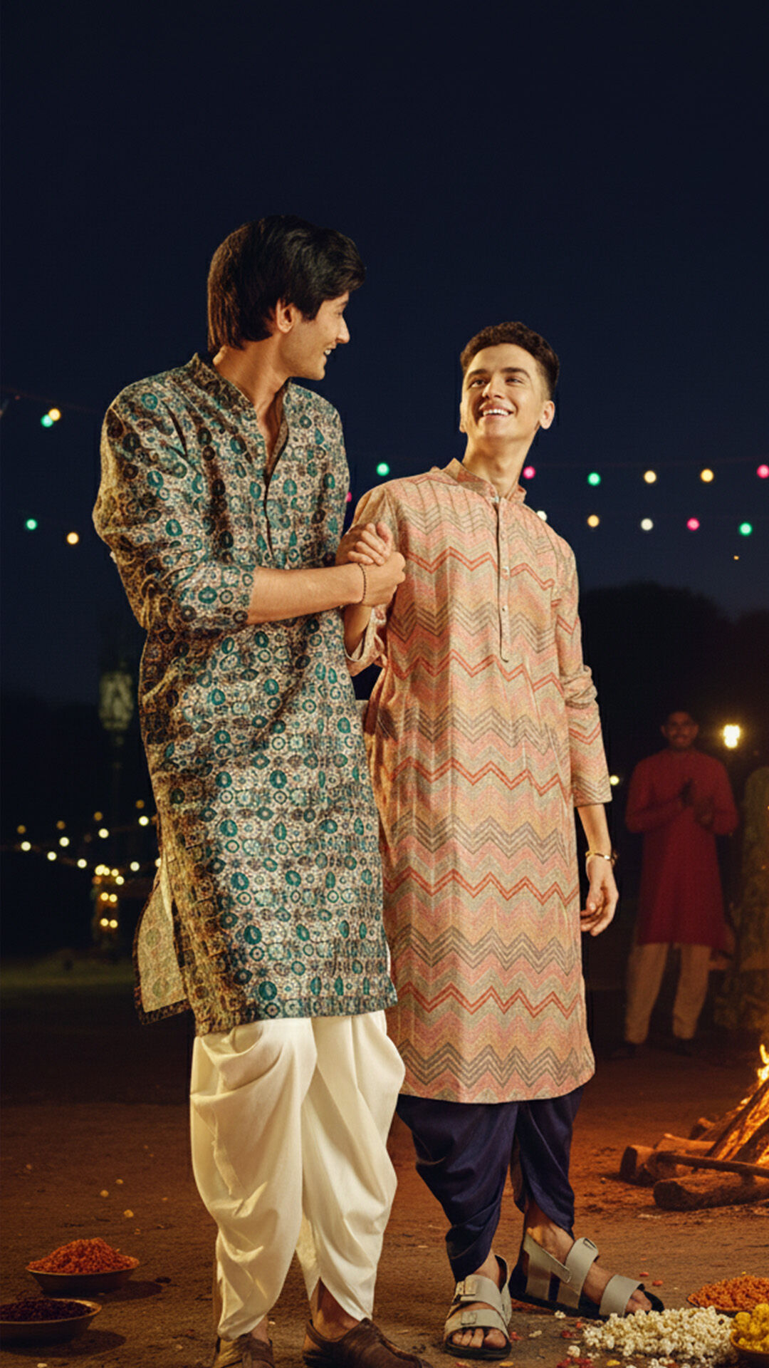 Two men in patterned kurtas showcase regional Indian textile traditions with handcrafted motifs and festive ethnic styling.